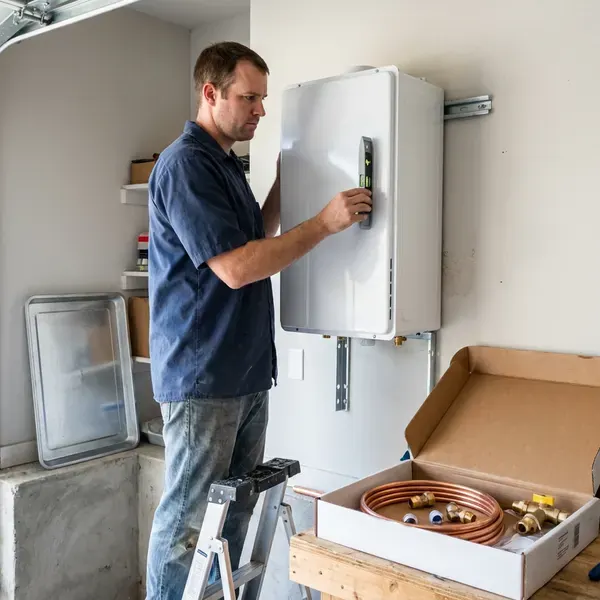 FKV Plumbing technician providing tankless water heater installation in Omaha, NE